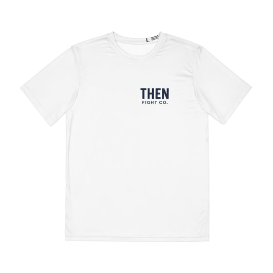 Men's White x Blue Pillars Tee, Performance, Workout, Running, Gym, Workout, Breathable